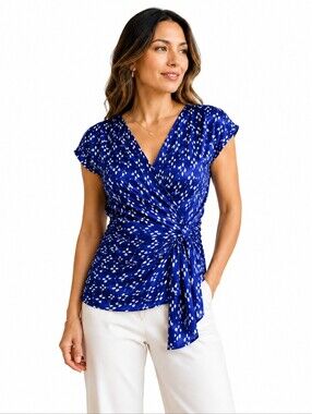 EDME & ESYLLTE 100% Silk Blue/White Ikat Print Wrap Blouse Size 8 Feminine Boho